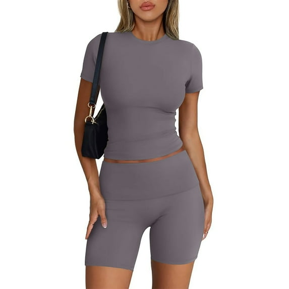Frostluinai Tracksuit Sets Women 2 Piece Outfits Solid Yoga Sport Sets Short Sleeve Slim Fit Crop Tops High Waist Biker Shorts Activewear