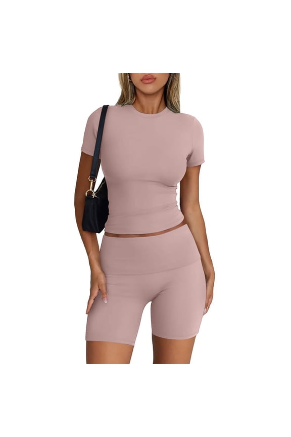 Tracksuit Sets Women 2 Piece Outfits Solid Yoga Sport Sets Short Sleeve Slim Fit Crop Tops High Waist Biker Shorts Activewear