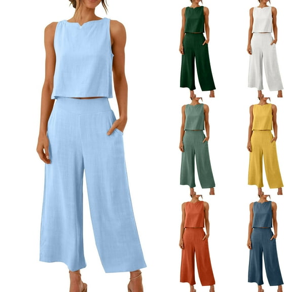 Frostluinai Travel Outfits for Women 2 Piece Sets Solid Cotton Linen Lounge Sets Sleeveless Crop Tank Tops Elastic Waist Wide Leg Pants with Pockets