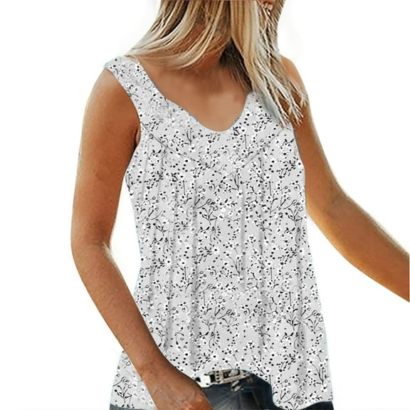 Frostluinai Tunic Tanks for Women V Neck Boho Tank Tops Sleeveless Floral Print Tanks Casual Pleated Camis Plus Size Loose Fit Summer Tanks