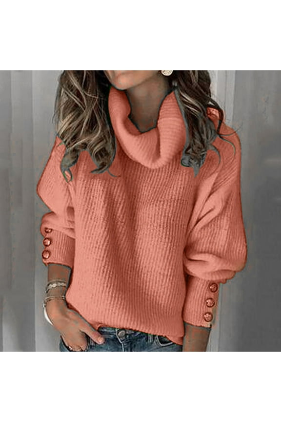 Turtleneck Sweaters for Women Button Long Sleeve Knit Pullover Cowl Neck Slouchy Knit Sweaters Plus Size Winter Loose Sweaters