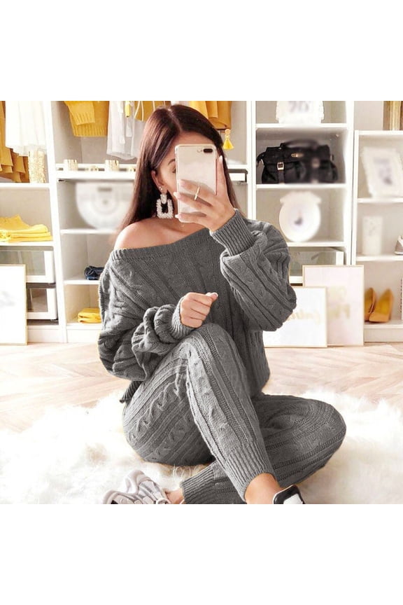 Knit Sets Two Piece Women Dew Shoulder Boat Neck Sweaters Slim Fit Pants Plus Size Solid Cable Knit Sets Lounge Tracksuit