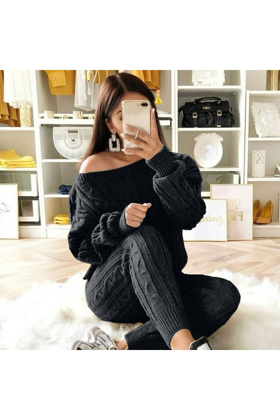 Two Piece Sets for Women Cable Knit Sweater Sets Dew Shoulder Long Sleeve Pullover Leggings Plus Size Solid Fall Sweater Sets