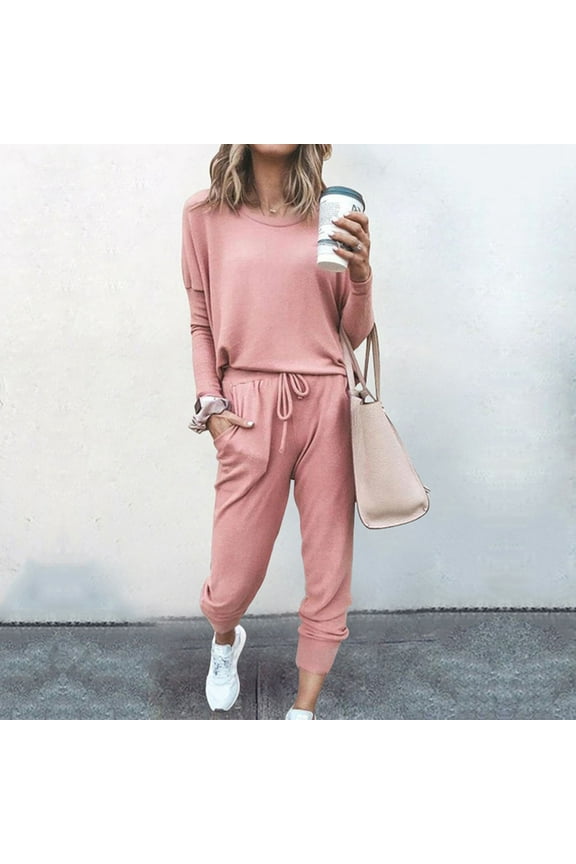 Two Piece Sets for Women Crew Neck Long Sleeve Pullover Casual Jogger Pants Solid Tracksuits Sets Soft Lounge Sets with Pocket