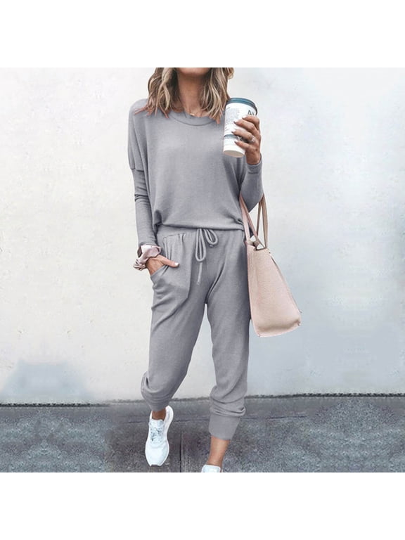 Two Piece Sets for Women Crew Neck Long Sleeve Pullover Casual Jogger Pants Solid Tracksuits Sets Soft Lounge Sets with Pocket