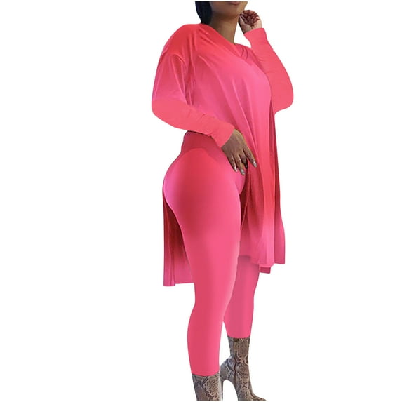 Frostluinai Two Piece Sets for Women Long Sleeve Side Split Tops Butt Lifting Leggings Plus Size Solid Workout Sets Loose Fit Sweatsuits