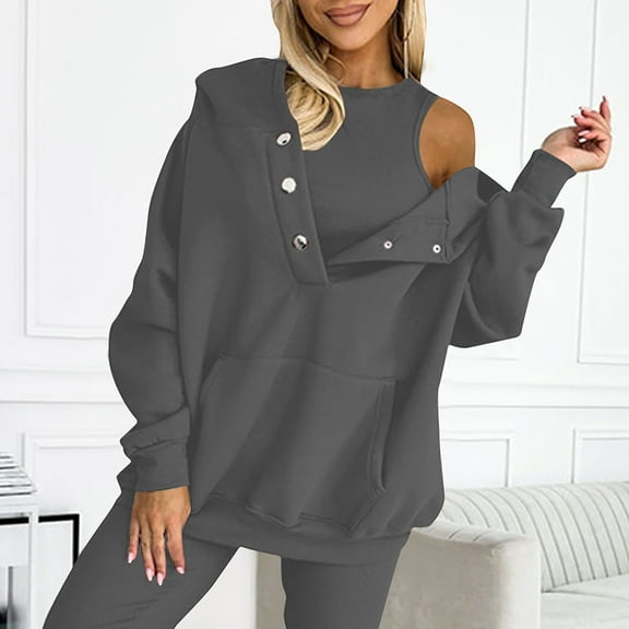 Frostluinai Two Piece Sets for Women Oversized Sweatsuits Long Sleeve Loose Hoodies Sleeveless Tanks Crop Tops Fall Solid Sets with Pocket