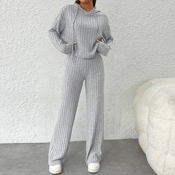 Frostluinai Two Piece Sets for Women Solid Ribbed Knit Lounge Sets Oversized Hoodies High Waist Wide Leg Pants Soft Comzy Loungewear Gifts