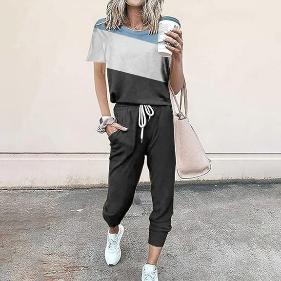 Frostluinai Two Piece Sets for Women Summer Color Block Short Sleeve Shirts Elastic Waist Drawstring Joggers Lightweight Tracksuits with Pocket