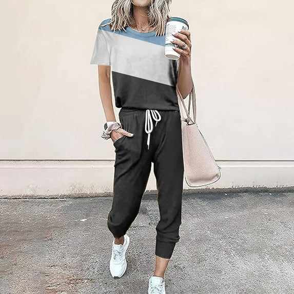 Frostluinai Two Piece Sets for Women Summer Color Block Short Sleeve Shirts Elastic Waist Drawstring Joggers Lightweight Tracksuits with Pocket