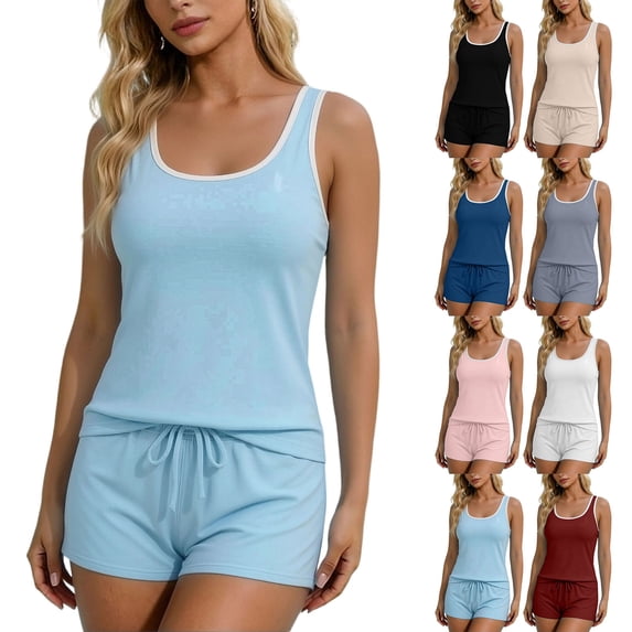 Frostluinai Two Piece Sets for Women Summer Lounge Short Sets Racerback Tank Tops Scoop Neck Sleeveless Sweatsuit Drawstring Track Shorts