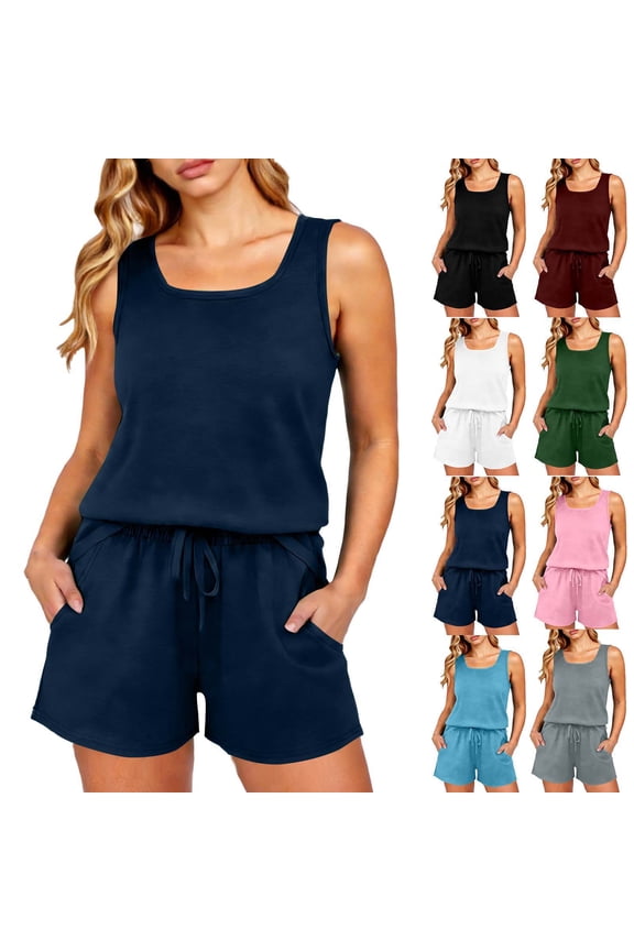 Two Piece Sets for Women Summer Lounge Short Sets Tanks Square Neck Sleeveless Sweatsuit with Pocket Travel Vacation Outfits Navy M
