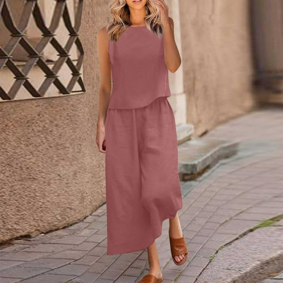 Frostluinai Two Piece Sets for Women Summer Plus Size Solid Linen Sets Sleeveless Crop Tanks High Waist Palazzo Pants Loose Fit Lounge Sets