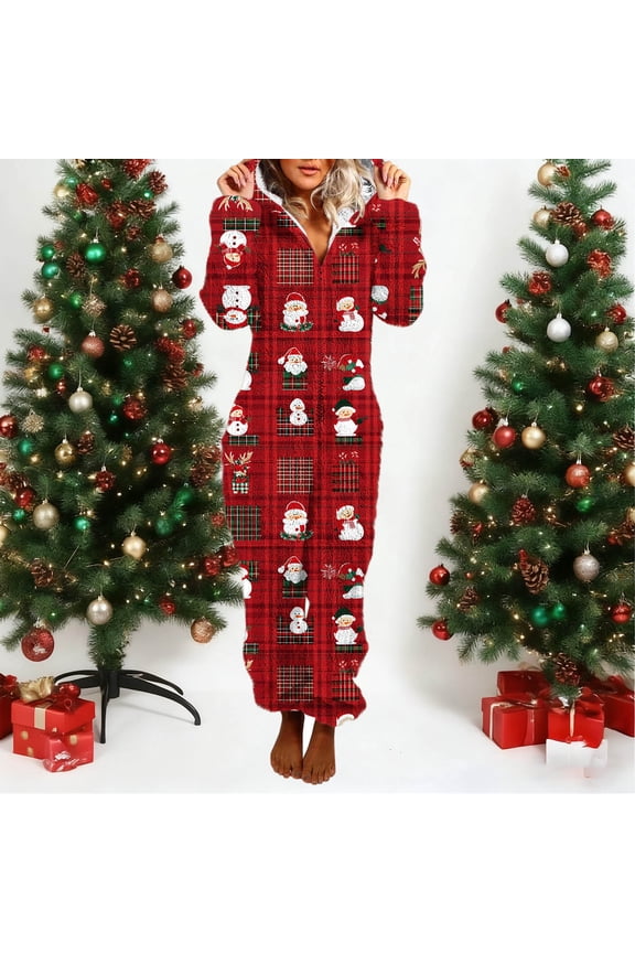Ugly Christmas Fuzzy Fleece Onesies Pajamas Women Zipper Hooded Warm Sherpa Jumpsuit Sleepwear Xmas Graphic Playsuit Loungewear