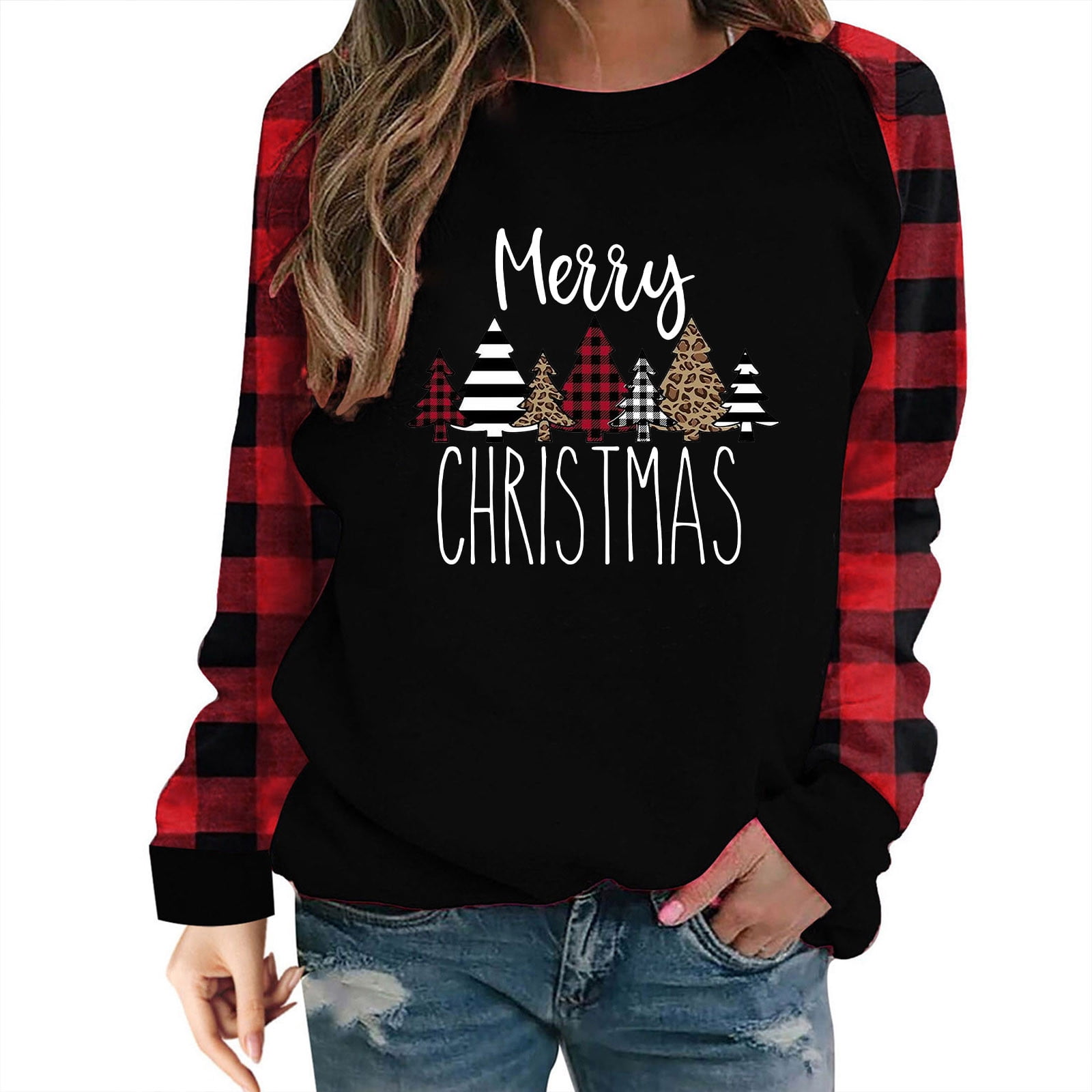 Frostluinai Ugly Christmas Sweaters For Women Funny Cute Printed Plus Size Pullover Shirt Christmas Clearance Items For Women Long Sleeve Christmas Print Splicing Crew Neck Pullover T Shirt Tops Walma...