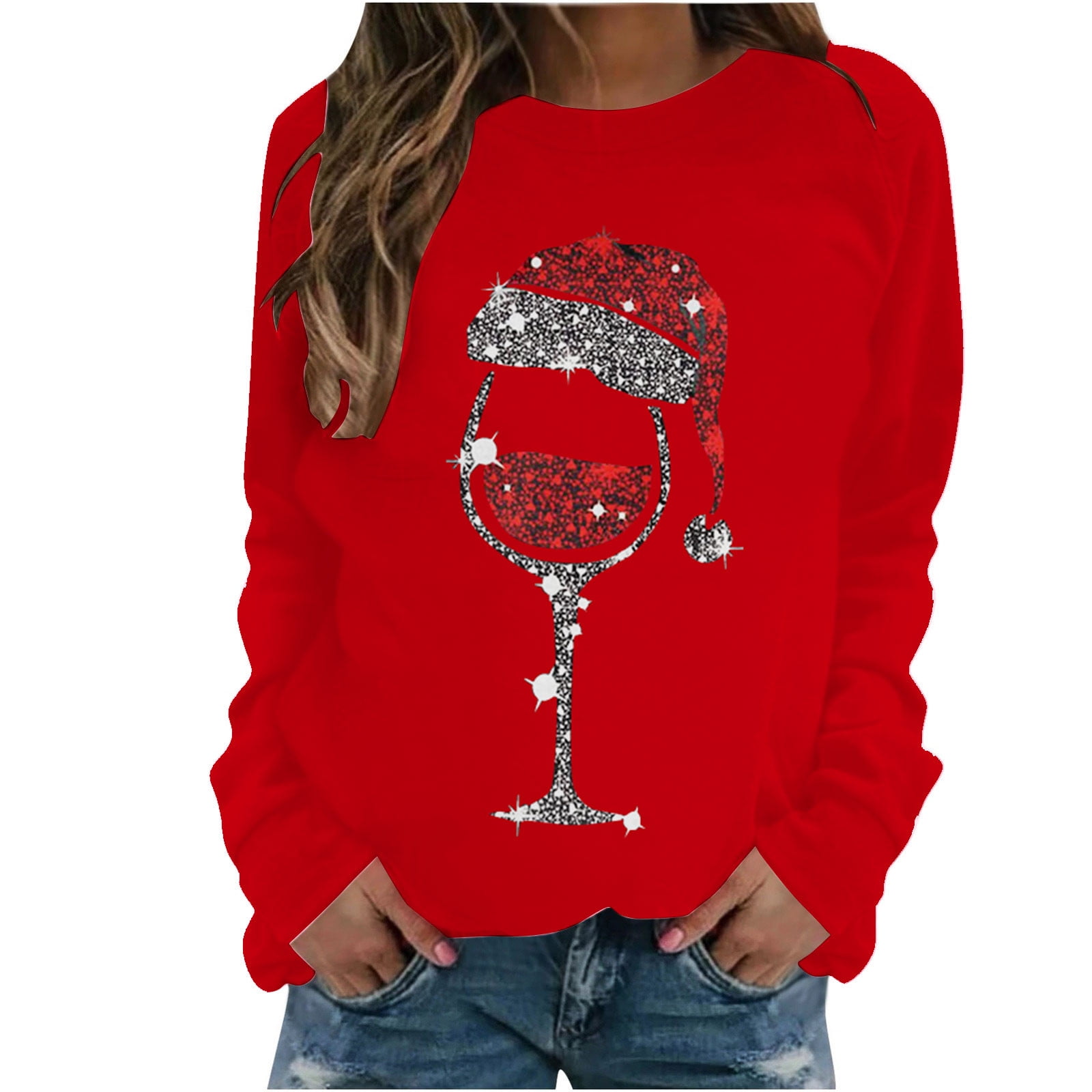 Christmas Hat Printed Long-Sleeved O-Neck Sweater