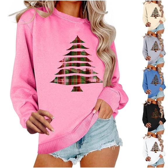 Frostluinai Ugly Christmas Sweatshirts Women Crew Neck Xmas Tree Pullover Long Sleeve Holiday Party Sweat Shirts Womens Gifts for Christmas