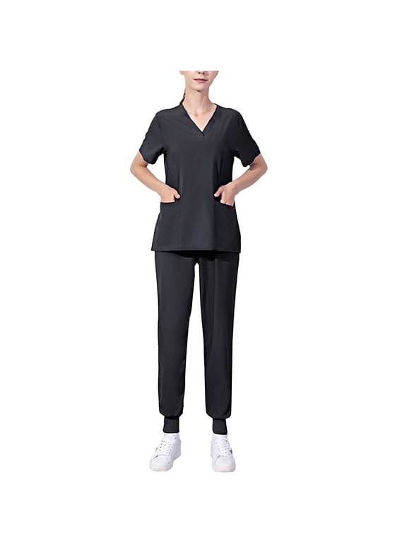 Uniforms Scrubs for Women Set V Neck Short Sleeve Scrubs Tops and Jogger Pants Basic Solid Color Working Scrubs Sets with Pocket