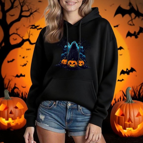 Frostluinai Unisex Women Men Fall Hoodies for Holloween Long Sleeve Oversized Sweat Shirts Funny Graphic Pullover Tops with Pocket