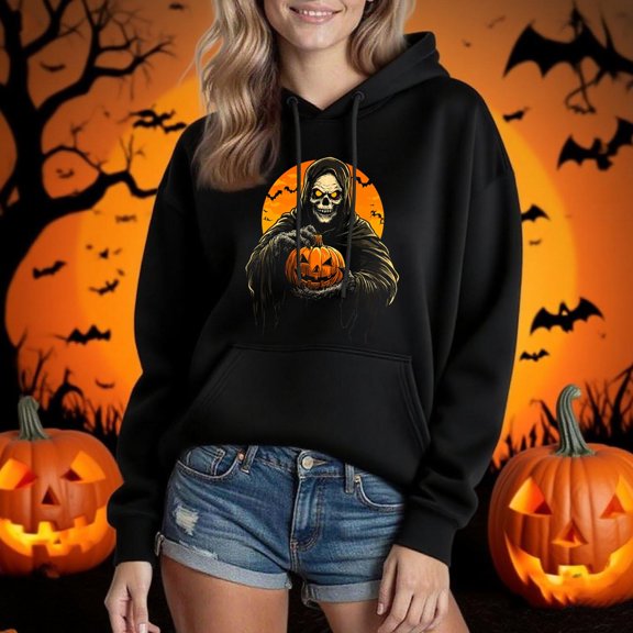 Frostluinai Unisex Women Men Fall Hoodies for Holloween Long Sleeve Oversized Sweat Shirts Funny Graphic Pullover Tops with Pocket