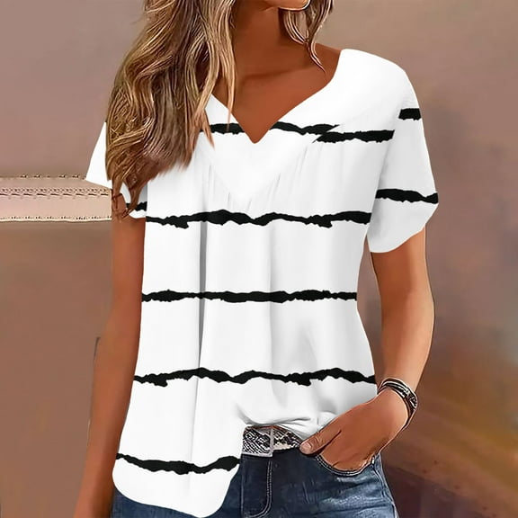 Frostluinai V Neck Tops for Women Short Sleeve Pleated Shirts Casual Striped Color Block T Shirts Cute Summer Blouses Plus Size Tee Shirts