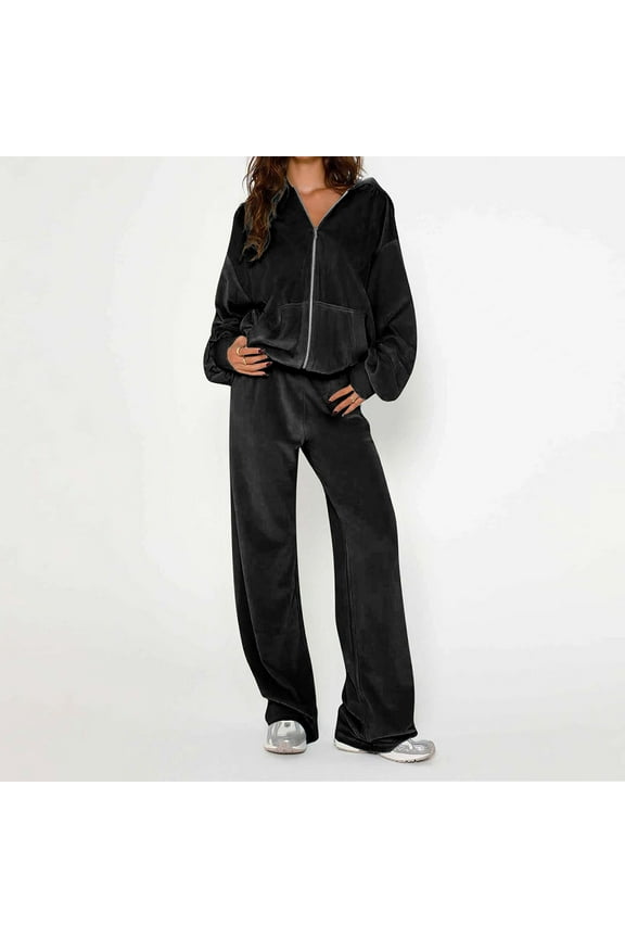 Velour Sweatsuits for Women Full Zip Oversized Hoodies High Waist Wide Leg Pants Solid Casual Athletic Tracksuits with Pocket