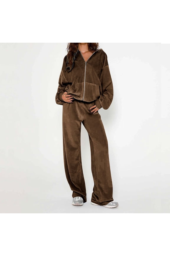 Velour Sweatsuits for Women Full Zip Oversized Hoodies High Waist Wide Leg Pants Solid Casual Athletic Tracksuits with Pocket