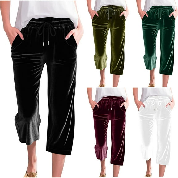 Frostluinai Velvet Capri Pants for Women Drawstring Elastic Waist Straight Wide Leg Pants Solid Vintage Lounge Cropped Pants with Pockets