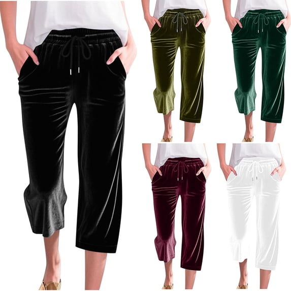 Frostluinai Velvet Capri Pants for Women Drawstring Elastic Waist Straight Wide Leg Pants Solid Vintage Lounge Cropped Pants with Pockets