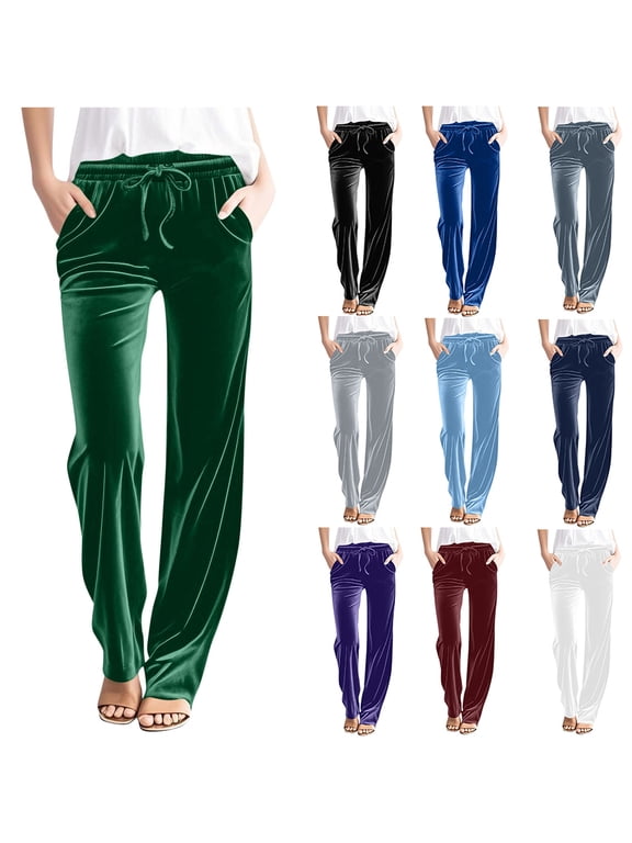 Velvet Pants for Women Dressy Drawstring High Waist Straight Wide Leg Pants Solid Casual Baggy Long Pants with Pockets