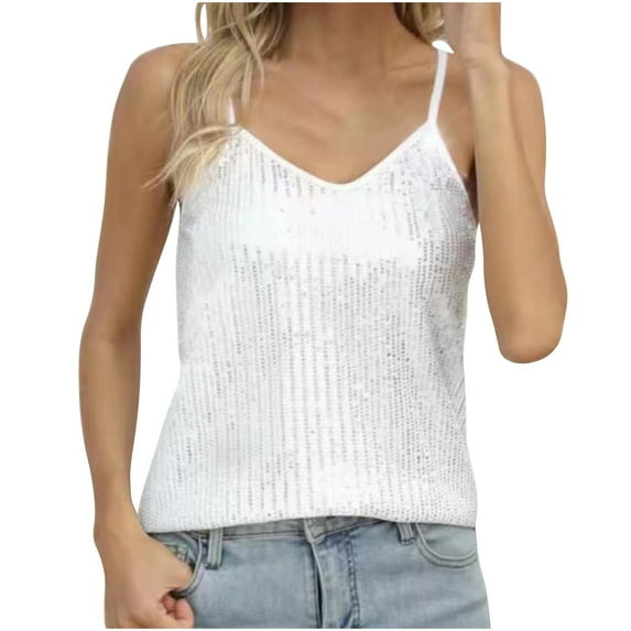 Frostluinai Vest Tops for Women Sequined Spaghetti Strap Camisoles V Neck Sleeveless Tank Tops Sparkly Holiday Party Vests Solid Color Camis
