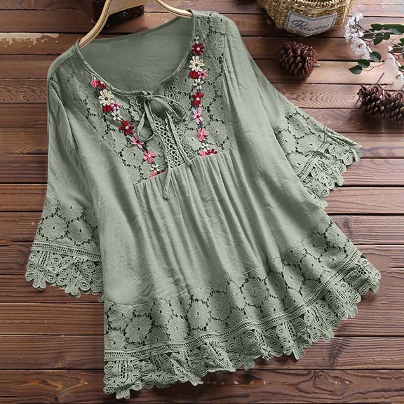 Frostluinai Vintage Lace Tops for Women 3/4 Sleeve V Neck Tie Shirts Casual Floral Embroidery T Shirts Plus Size Boho Blouses Loose Fit Tees