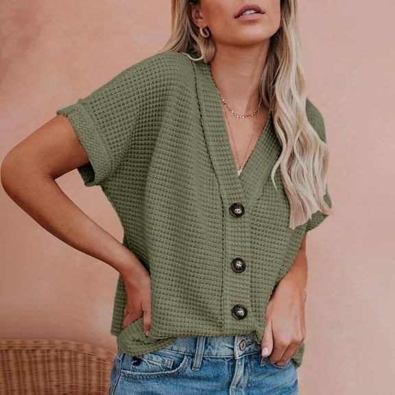Frostluinai Waffle Knit Shirts for Women V Neck Button Down Tshirts Rolled Short Sleeve Tops Solid Color Casual Dressy Blouses Oversized Shirts