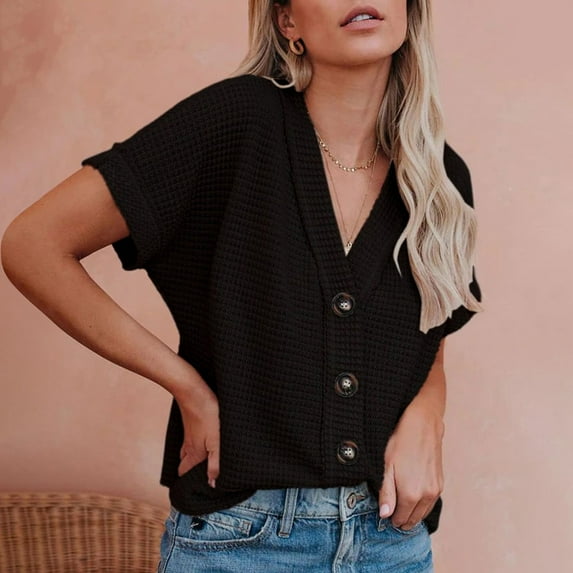Frostluinai Waffle Knit Shirts for Women V Neck Button Down Tshirts Rolled Short Sleeve Tops Solid Color Casual Dressy Blouses Oversized Shirts