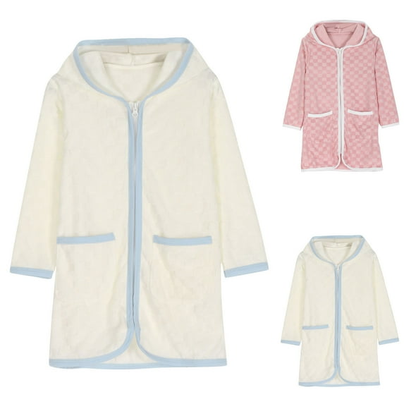 Frostluinai Waffle Robe for 2-10Y Full Zip Hooded Fleece Bathrobes Color Block Plush Sleepwear Warm Winter Bath Robes with Pocket