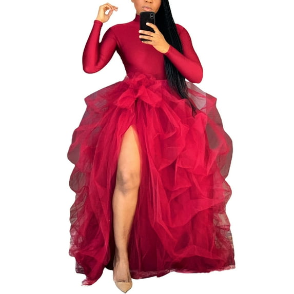 Frostluinai Wedding Guest Dresses For Women Tutus Tulle Dress Ruffle Mesh Lace Long Skirt Maxi Floor Length Layered High Waist Dress A-Line Puffy Party Skirt
