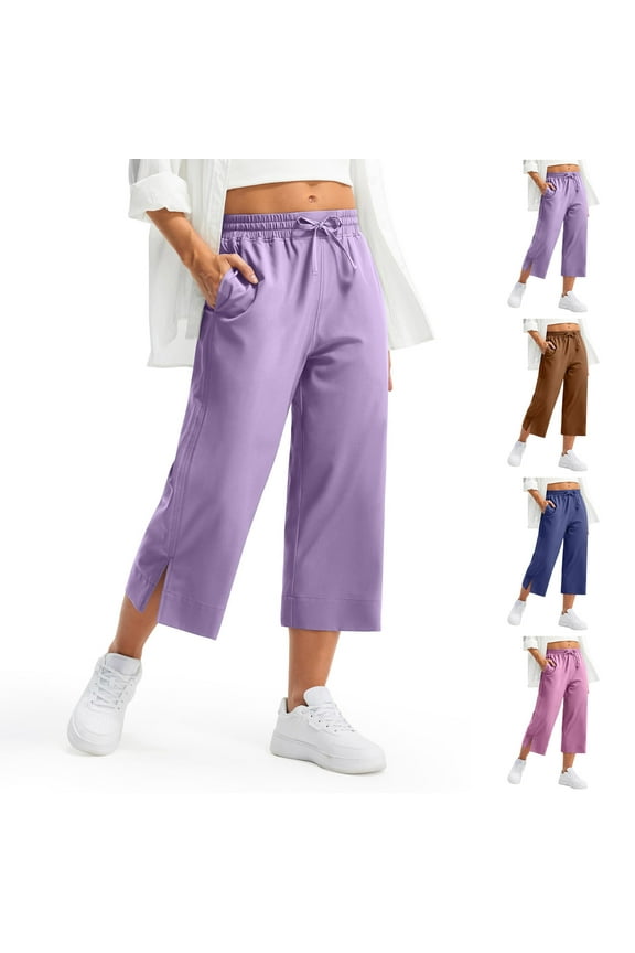 Wide Leg Capri Pants Womens Elastic Waist Drawstring Capris Solid Color Split Hem Cropped Pants Baggy Athletic Joggers with Pocket