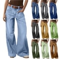 thumbnail image 1 of Frostluinai Wide Leg Jeans Woman Elastic Waist Distressed Color Washed Denim Pants Retro Baggy Straight Leg Palazzo Vaqueros with Pocket, 1 of 9