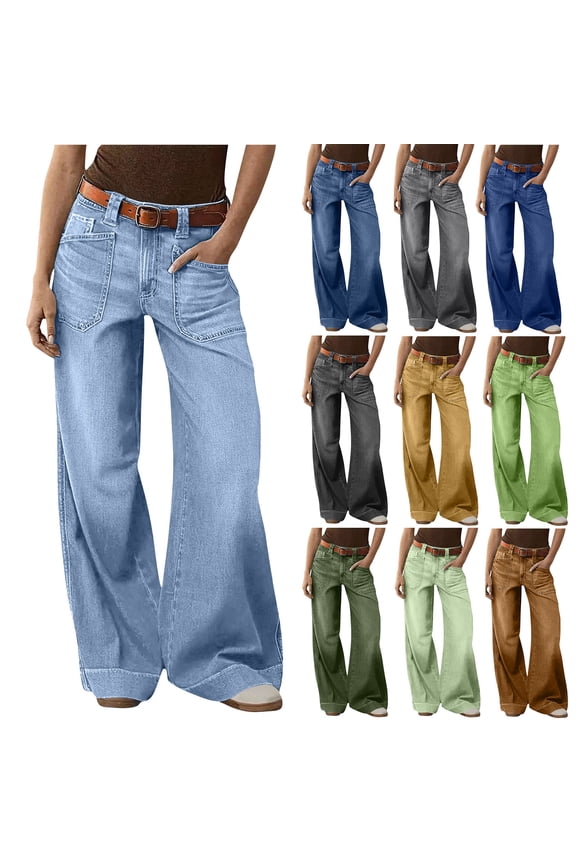 Wide Leg Jeans Woman Elastic Waist Distressed Color Washed Denim Pants Retro Baggy Straight Leg Palazzo Vaqueros with Pocket