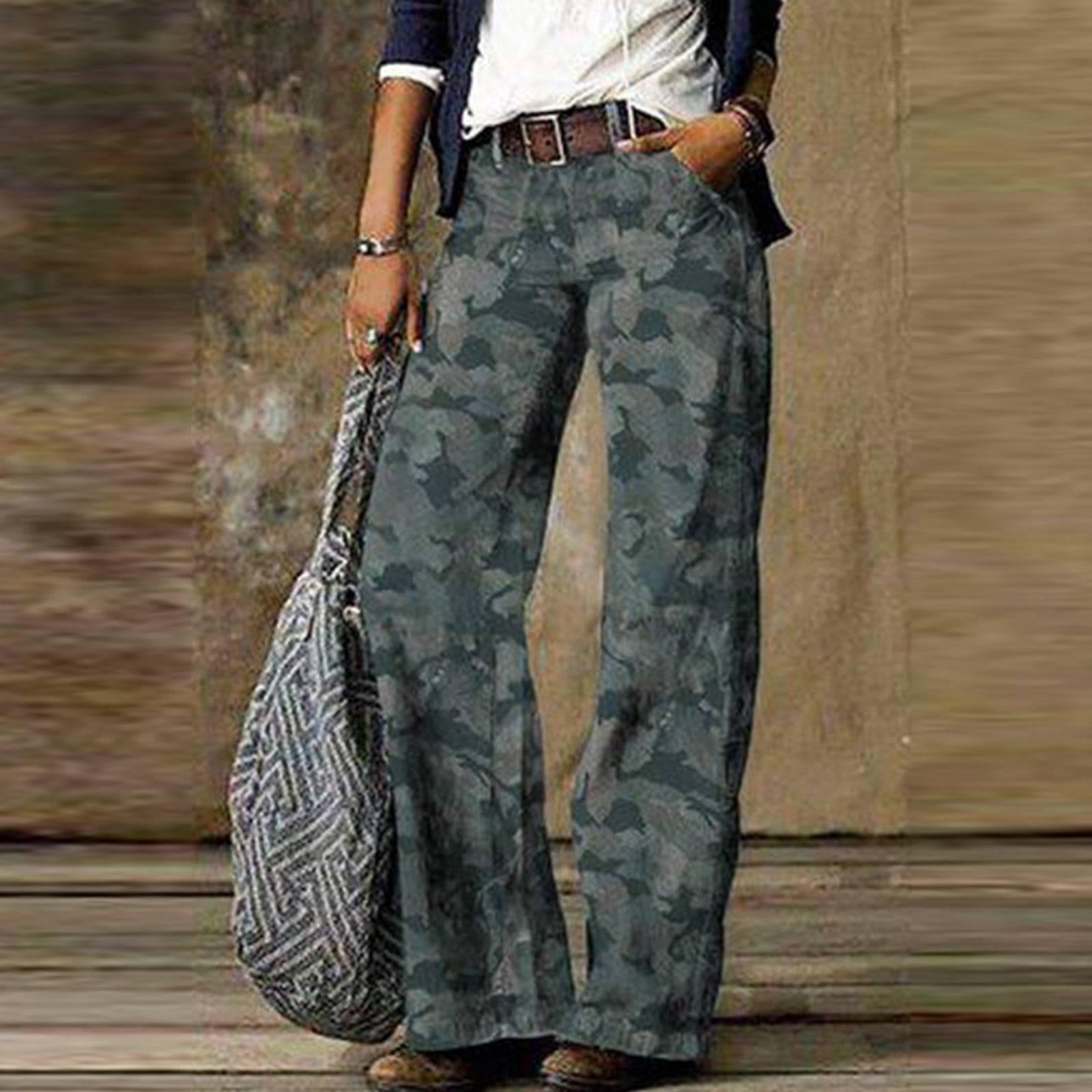 Camo Wide Leg Drawstring Denim Pants