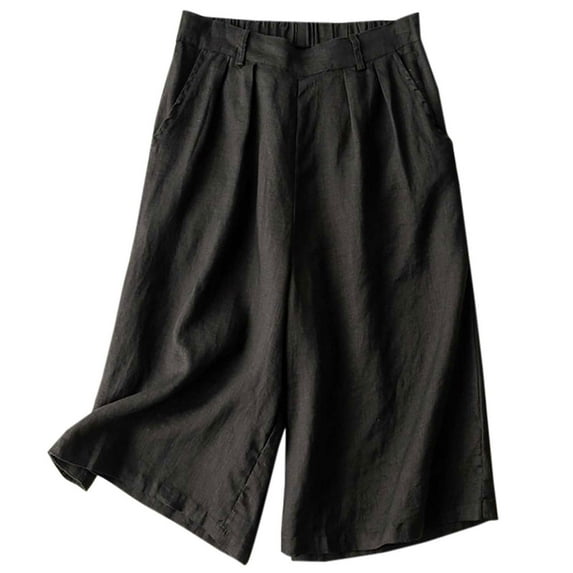 Frostluinai Wide Leg Linen Pants for Women Elastic Waist Casual Loose Capris with Pockets Plus Size Soft Straight Leg Pants Lightweight Capris