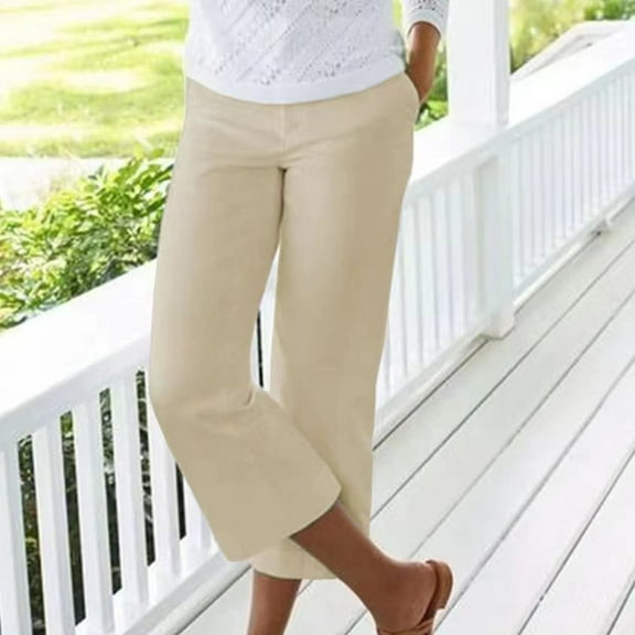 Frostluinai Wide Leg Linen Pants for Women Elastic Waisted Casual Capris Plus Size Solid Color Capris Summer Stretch Pants with Pockets