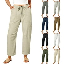 Frostluinai Wide Leg Pants Woman Cargo High Waisted Cotton Pull On Elastic Waist Drawstring Baggy Chino Joggers Pants with Pocket