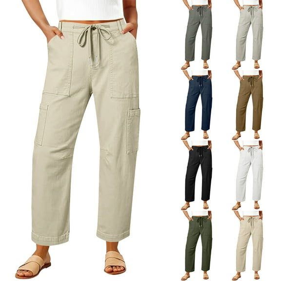Frostluinai Wide Leg Pants Woman Cargo High Waisted Cotton Pull On Elastic Waist Drawstring Baggy Chino Joggers Pants with Pocket
