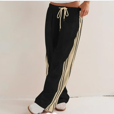 Frostluinai Wide Leg Pants Woman Drawstring Elastic Waist Straight Leg Pants Baggy Striped Color Block Pants Casual Workout Jogger Pants