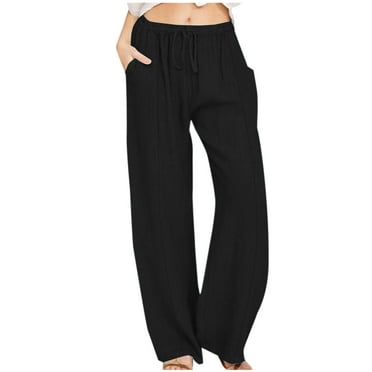 Frostluinai Wide Leg Pants Woman Elastic Waisted Drawstring Lounge Straight Leg Pants Solid Color Loose Fit Capris Plus Size Flowy Cropped Pant with Pockets