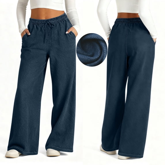 Frostluinai Wide Leg Pants for Women Drawstring Elastic Waist Faux Denim Palazzo Pants Baggy Stretch Straight Leg Jean Pants with Pocket