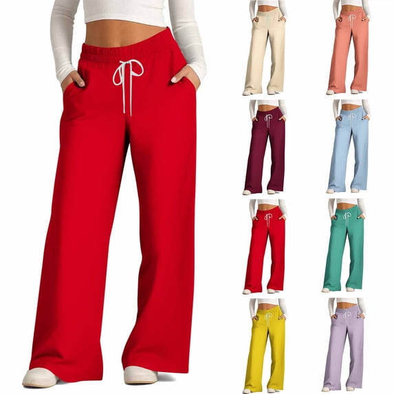 Frostluinai Wide Leg Sweatpants Women High Waist Drawstring Baggy Sweat Pants Solid Casual Straight Leg Pants Yoga Joggers with Pocket