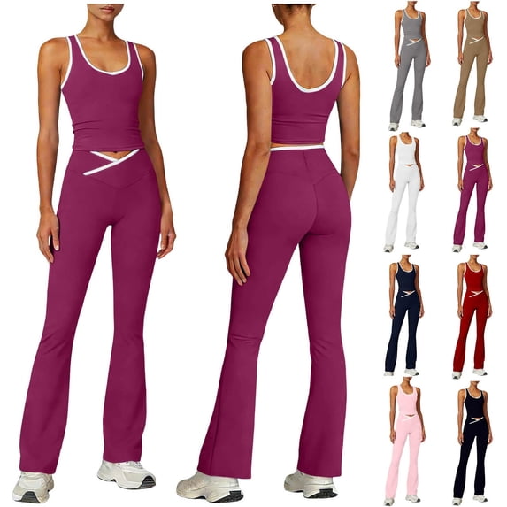 Frostluinai Women 2 Piece Workout Sets Flare Leggings Crossover High Waist Yoga Outfits Sports Bra Gym Activewear Color Block Sweatsuits Purple L