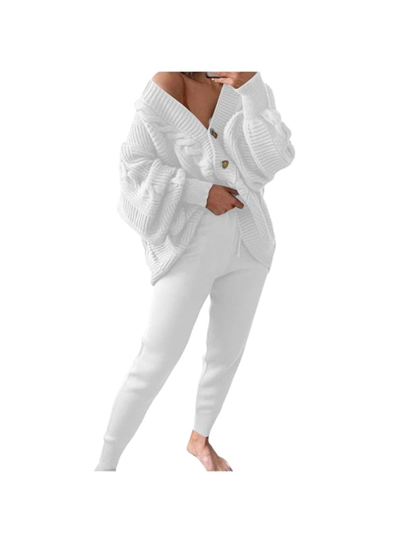 Women 2 piece Outfits Fall Cable Knit Sweater Sets Loose Casual Button Down V Neck Cardigans Long Pants Matching Lounge Solid Set